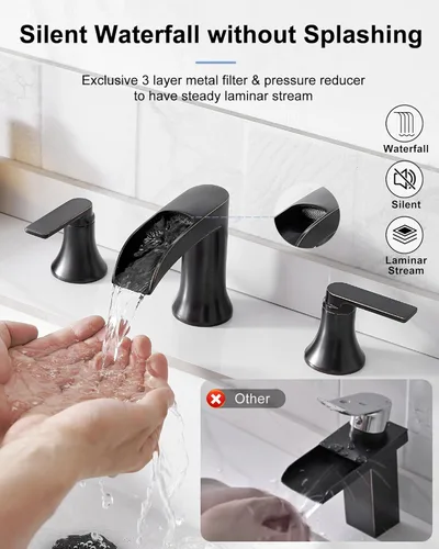 Miniatura 3 de Grifo de lavabo de baño de bronce aceitado con cascada de 3 agujeros, grifos de baño de latón de 4 a 8 pulgadas con drenaje emergente y líneas
