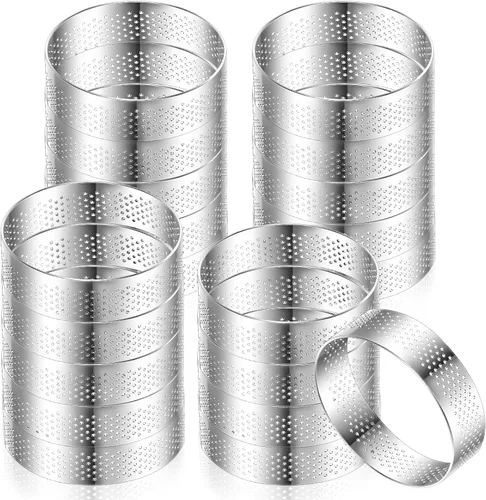 Miniatura 9 de Mumufy 20 anillos de tarta perforados redondos de acero inoxidable para hornear, anillos redondos de metal antiadherentes para pastelería, postre