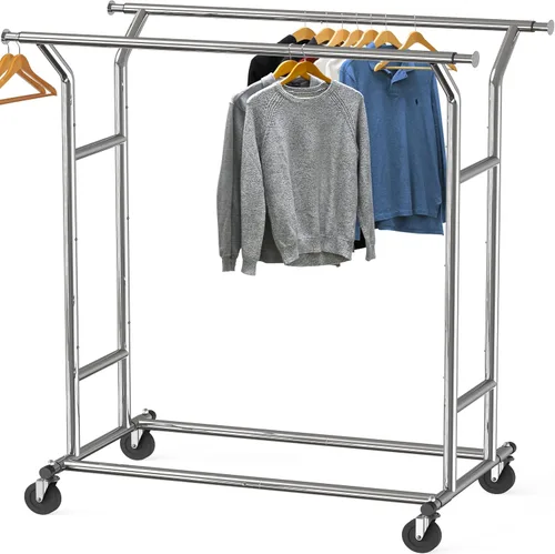 Miniatura 7 de Simple Houseware - Perchero de ropa de doble riel resistente, color negro, con capacidad de hasta 200 lbs, varilla extensible de 43 a 67 pulgadas