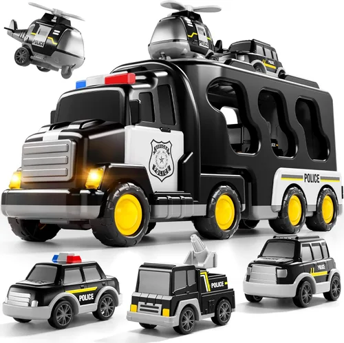 Bennol Juguetes de camiones de policía para niños pequeños de 5 en 1 para niños de 1, 2, 3, 4 y 5 años, vehículos de rescate de policía, camiones,