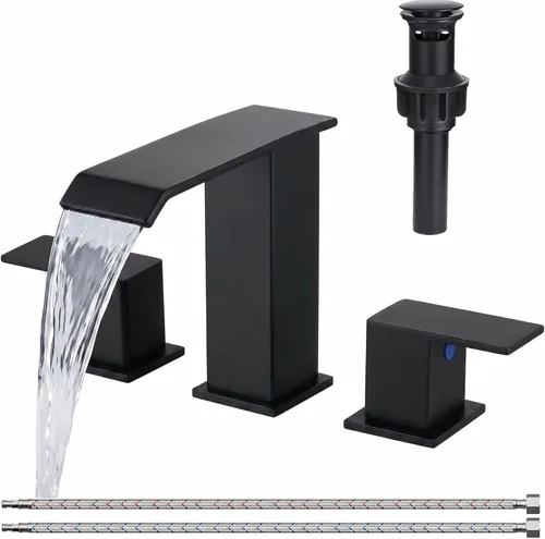 COMLLEN Grifos de baño de 3 agujeros, grifo de baño de cascada negro mate de 3 agujeros, 8 pulgadas extendido moderno grifo de lavabo de baño, grifo