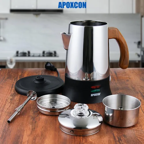 Miniatura 3 de APOXCON Percolador de Café Eléctrico Cafetera de Acero Inoxidable con Perilla de Vidrio Resistente Transparente para Ver el Progreso