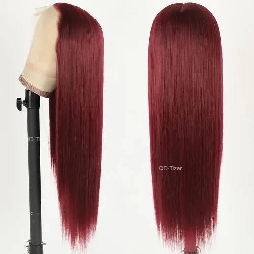 Miniatura 4 de QD-Tizer Pelucas de cabello sintético con encaje frontal de 13 x 6 pulgadas, sin pegamento, color rojo vino, color burdeos, pelucas de cabello largo