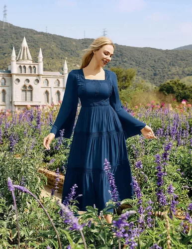 Miniatura 2 de Scarlet Darkness Vestido renacentista para mujer, vestido pirata, campesino, mangas acampanadas, vestidos largos con vuelo