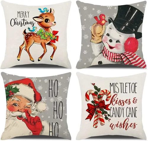 Fundas de Almohada Decorativas de Navidad 16×16 Juego de 4 Copo de Nieve Papá Noel Muñeco de Nieve Ciervo Pájaro Bastón de Caramelo Navidad Rústico