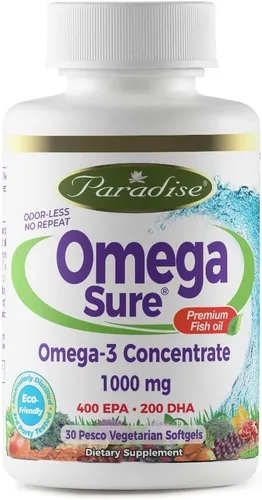Miniatura 9 de Paradise Herbs Omega-Sure, concentrado de omega-3, aceite de pescado premium, DHA, EPA, vegano, sin OMG, sin gluten, 60 cápsulas blandas vegetarianas