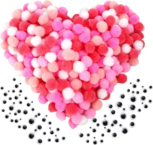 Miniatura 17 de Caydo 1200 pompones para suministros de manualidades, 1050 pompones grandes y pequeños de colores surtidos con 150 ojos saltones Multicolor