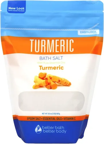 Sal de baño de cúrcuma de 32 onzas, sal de Epsom con aceites esenciales, cúrcuma, canela, naranja más vitamina C en bolsa sin BPA con cremallera