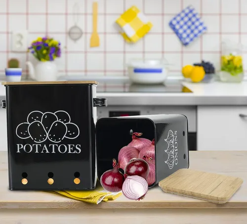 Miniatura 4 de Juego de 2 latas de almacenamiento de verduras de cocina, cebolla y papas con tapa de madera y agujeros de aireación, organizador de contenedor