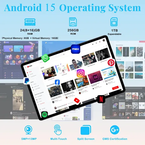 Miniatura 3 de Tablet de 11 pulgadas, tabletas Android 15 2025 con Octa Core, 24GB+256GB, cámara de 13+5MP, tabletas electrónicas con Widevine L1, batería de Negro