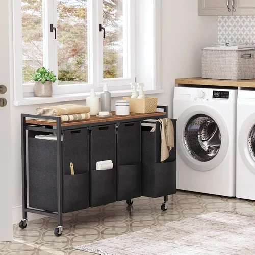 Miniatura 2 de HOOBRO Clasificador de Ropa 4 Secciones, Cesta de Lavandería con Ruedas, 4 × 10.5 Gal (40 L), Cesta de Lavandería con Ruedas, Bolsas de Tela Oxford