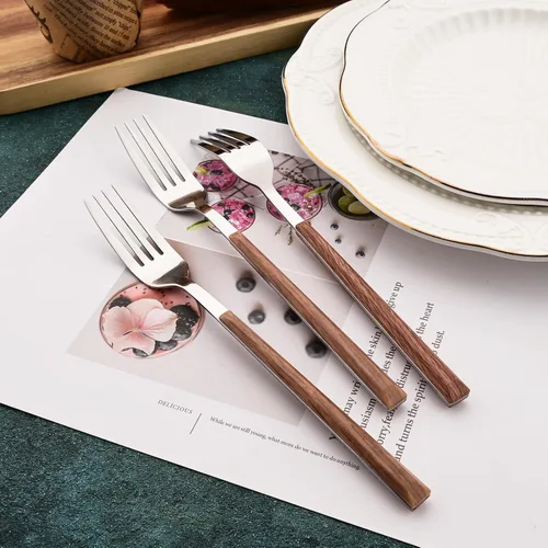 Miniatura 7 de Juego de cubiertos con cuchillos para carne, 48 piezas, juego de cubiertos para 8 cubiertos de acero inoxidable con mango de grano de madera