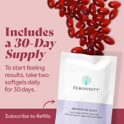 Miniatura 5 de Femininity Suave como la seda + recarga de 30 días para la sequedad vaginal (60 cápsulas blandas) – Mezcla de aceite de espino amarillo, vitamina D3