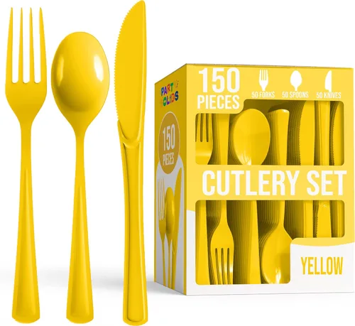 Party Solids Cubiertos de plástico amarillo resistentes, 150 piezas, color amarillo, desechables, juegos de utensilios, 50 de cada tenedor,