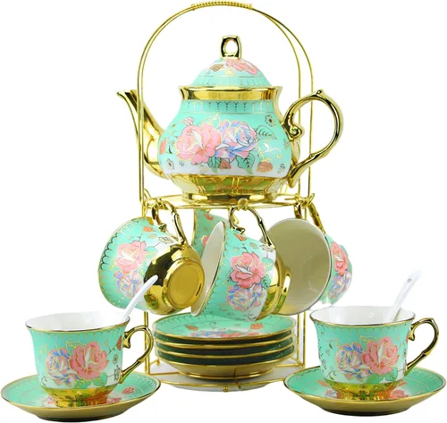 Miniatura 8 de Juego de té de cerámica europea de 20 piezas para adultos con soporte de metal y pintura de flores (versión crema grande)