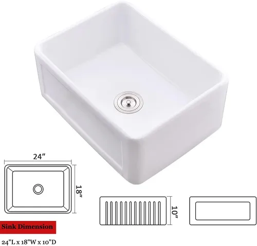 Miniatura 9 de Fregadero pequeño de 24 pulgadas, color blanco, de arcilla refractaria, de 24 x 18 pulgadas, delantal frontal de porcelana de cerámica, fregadero