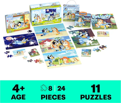 Miniatura 2 de Bluey Juego de 11 rompecabezas, rompecabezas de madera de 8 y 24 piezas, difusos y troquelados para preescolares y niños Paquete de rompecabezas