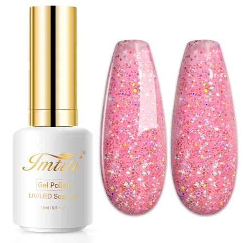 Esmalte de uñas de gel con purpurina, 0.5 fl oz, color rosa brillante, de remojo, con LED, UV, kit de esmalte de uñas de gel para manicura en salón,