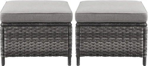 Belord Juego de 2 taburetes otomanos de mimbre de ratán para todo tipo de clima, con cojines suaves para muebles de patio Cojín de mimbre gris/gris