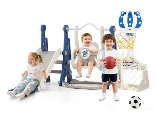 Miniatura 8 de BIERUM Juego de Tobogán y Columpio 4 en 1 para Niños Pequeños, Tobogán para Bebés para Niños Pequeños de 1-2 Años, con Aro de Baloncesto, Juego