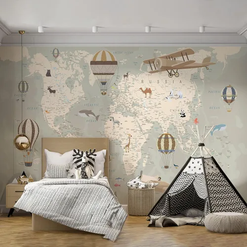 Miniatura 8 de Papel tapiz de mapa del mundo para niños con animales, calcomanías educativas para despegar y pegar, murales de guardería para bebés, niños