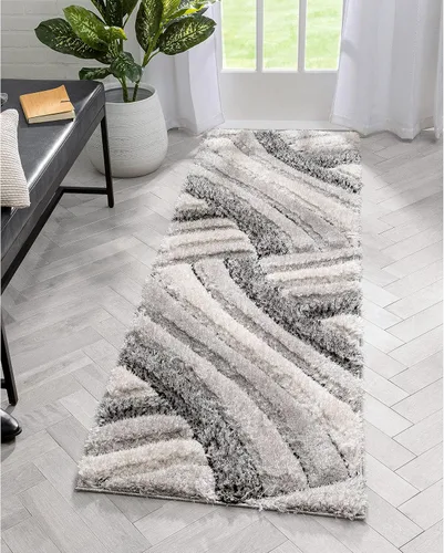 Tapete peludo de felpa suave con textura en 3D, diseño de rayas geométricas, color azul y gris, grueso y suave