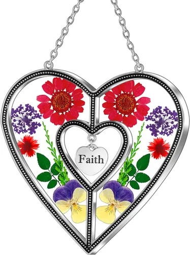 Miniatura 18 de KY&BOSAM Atrapasoles de cristal con forma de corazón, árbol de la vida, paneles de vitrales, colgantes de flores reales para ventanas, hogar