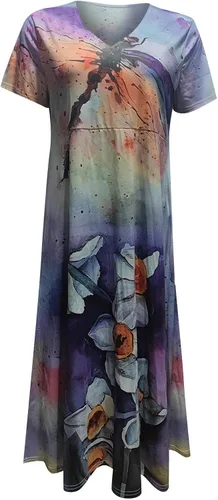 Miniatura 4 de QFVZHY Vestidos de verano 2023 para mujer, casual, a la moda, estampado floral, manga corta, cuello en V, vestidos con vuelo, tallas S-2XL