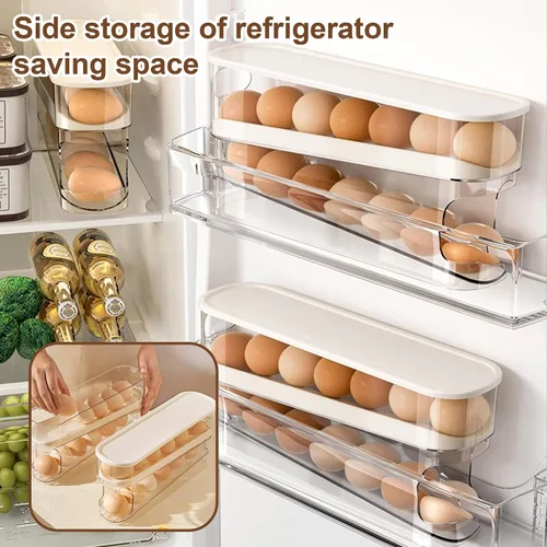 Miniatura 4 de Soporte para huevos para nevera, organizador de huevos para refrigerador de desplazamiento automático para huevos, dispensador rodante, contenedor 1