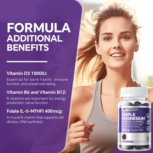 Miniatura 6 de VEETAGYO Gomitas de magnesio 500 mg 400 mg Alta absorción, hueso, nervios, músculo 3 formas de complejo de magnesio suplemento glicinato