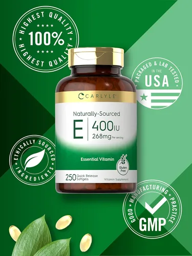 Miniatura 5 de Carlyle Cápsulas blandas de vitamina E de 400 UI 250 unidades Suplemento de origen natural para hombres y mujeres Sin OMG y sin gluten
