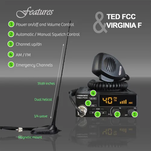 Miniatura 2 de President Kit de inicio de radio CB con TED FCC 40 canales de 12 voltios AM/FM CB Radio y antena Virginia F de montaje magnético