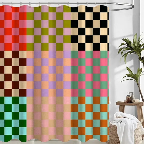 Miniatura 2 de Linen Checkerboard Shower Curtain Seats,Mid-Century Geometric Curtains for Bathroom,Morden Boho Colorful Art Shower Curtains 72x72 Inch