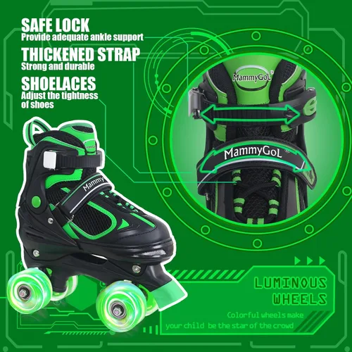 Miniatura 3 de MammyGol Patines de ruedas para niños y niñas, patines cuádruples de 4 tamaños ajustables para niños con todas las ruedas que se iluminan, Verde