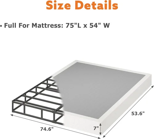 Miniatura 2 de Somier de 7 pulgadas para bases de cama matrimoniales, base de colchón de metal resistente con cubierta de tela, solo somier completo de perfil