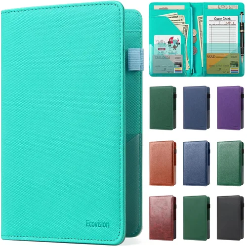 Miniatura 8 de Libreta de mesera para camarera, organizador de cuero con bolsillo con cremallera, folleto para personal de restaurante, soporte para cheques de Café