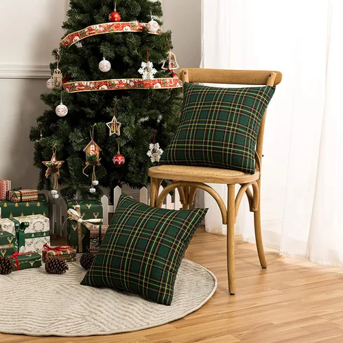Miniatura 5 de AQOTHES Juego de 2 fundas de almohada decorativas a cuadros de Navidad para decoración rústica de casa, tartán escocés, verde, 22 x 22 pulgadas