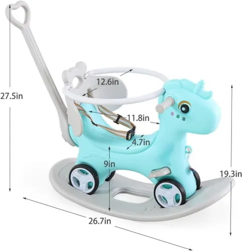 Miniatura 7 de Caballo mecedor 4 en 1 para niños pequeños de 1.5 a 3 años, juguetes de paseo en bicicleta de equilibrio con asa de empuje, respaldo de juguete Azul