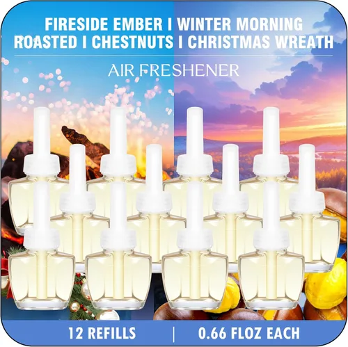 Recambios para ambientador eléctrico, Aromas de invierno con brasas del fuego, Mañana de invierno, Castañas asadas, Corona de Navidad - 12 unidades,
