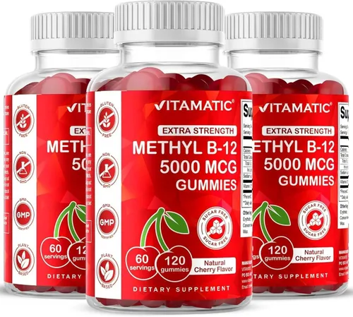 Miniatura 11 de Vitamatic Gomitas de vitamina B12 extra fuertes de 5000 mcg (metilo B12), 120 unidades, apoyo al metabolismo energético y apoyo a la salud