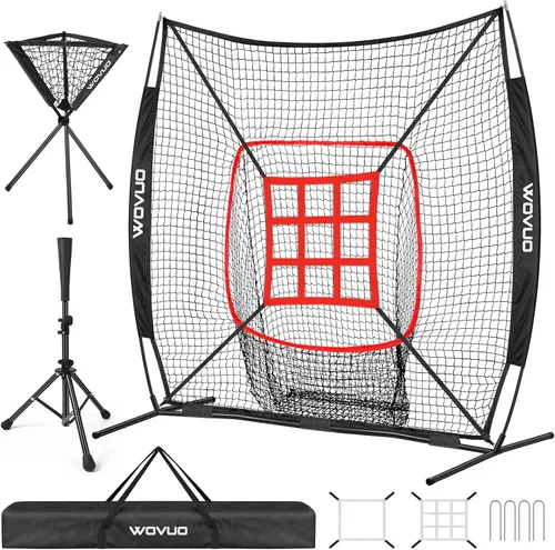 Red de 7x7 pies de béisbol para bateo, lanzamiento y golpeo, red de sóftbol con zona de golpeo, base, carro de pelotas, equipo de entrenamiento de