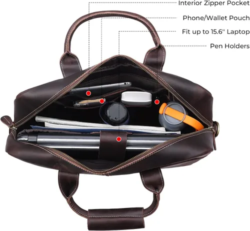 Miniatura 8 de Maletín de cuero genuino para hombre, maletín de cuero de grano completo de 16 pulgadas, bolsa de mensajero con cremalleras de metal YKK