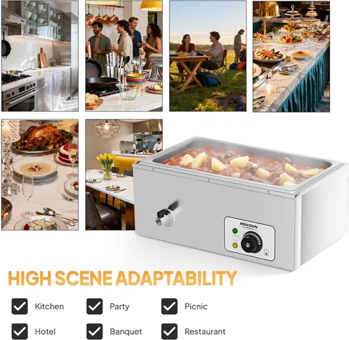 Miniatura 8 de ROVSUN Calentador de alimentos comercial de 21 cuartos de galón, calentador eléctrico de acero inoxidable de 110 V Bain Marie, mesa de vapor
