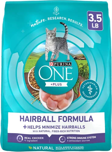 Purina ONE Alimento natural para gatos para control de bolas de pelo, fórmula +PLUS Hairball - Bolsa de 3.5 libras