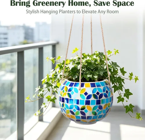 Miniatura 6 de Maceta colgante de cerámica con mosaico, maceta colgante pequeña para plantas de interior, decoración de jardín, maceta de bola de discoteca con Azul