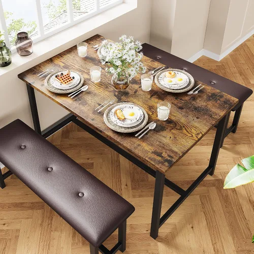 Miniatura 2 de Amyove Juego de mesa de comedor para 4, mesa de cocina con 2 bancos, juego de mesa de comedor de 3 piezas con bancos tapizados, juego de mesa