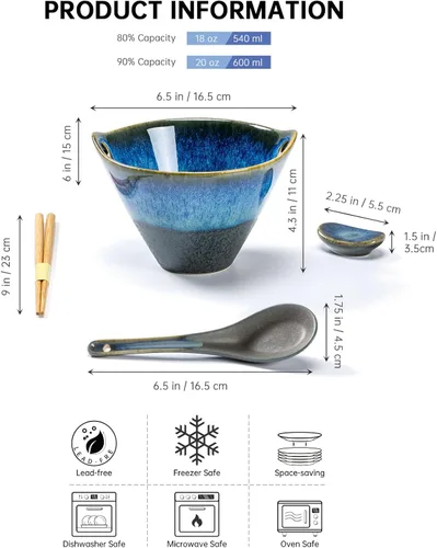 Miniatura 2 de Henten Home Juego de 2 cuencos de ramen de 20 onzas, cuencos de cerámica japoneses para fideos, cuencos profundos de porcelana con palillos