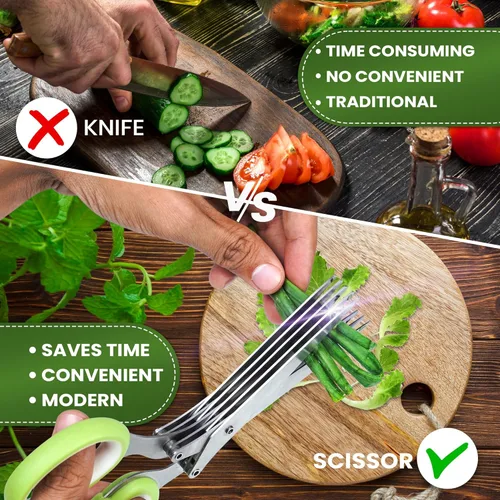 Miniatura 4 de KitchShears - Tijeras de hierbas con 5 cuchillas y cubierta, cortador de hierbas de acero inoxidable de alta calidad para hierbas de cocina y Verde
