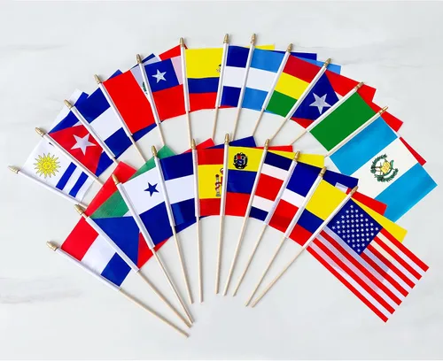 Miniatura 5 de Banderas de habla hispana de 22 países en palo de madera, pequeñas mini banderas latinoamericanas de mano para decoraciones del mes hispano, 5 x 8