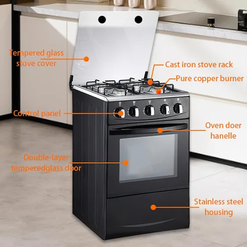 Miniatura 3 de Estufa de gas portátil de 20" - Equipada con 4 quemadores de bobina y horno de acero inoxidable (Negro: encendido automático)